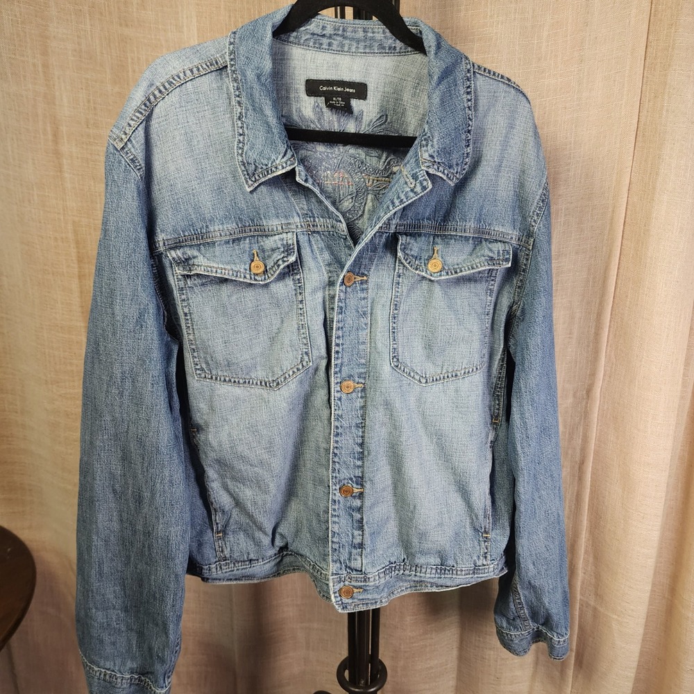 Calvin Klein Jeans Denim Jacket XL Snake Embroidered Cotton Light Wash